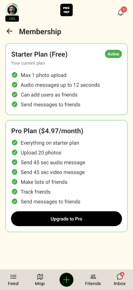 PrixTrip Membership - Starter and Pro plans