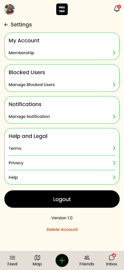 PrixTrip Settings - Account management